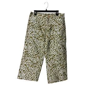 BURU Floral Wide Leg Cropped Pants Sz L Olive Green Pockets Boho Artisan Cottage